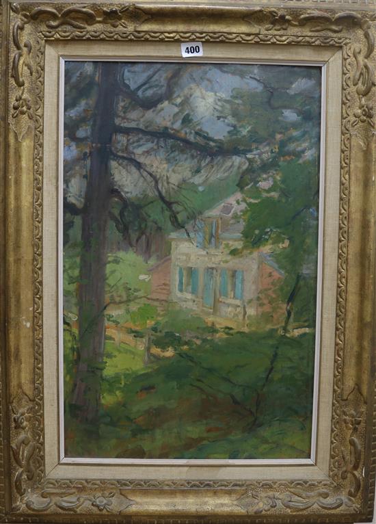 Albert de Belleroche, oil on wooden panel, house in a wooded landscape, initialled, 61 x 39cm